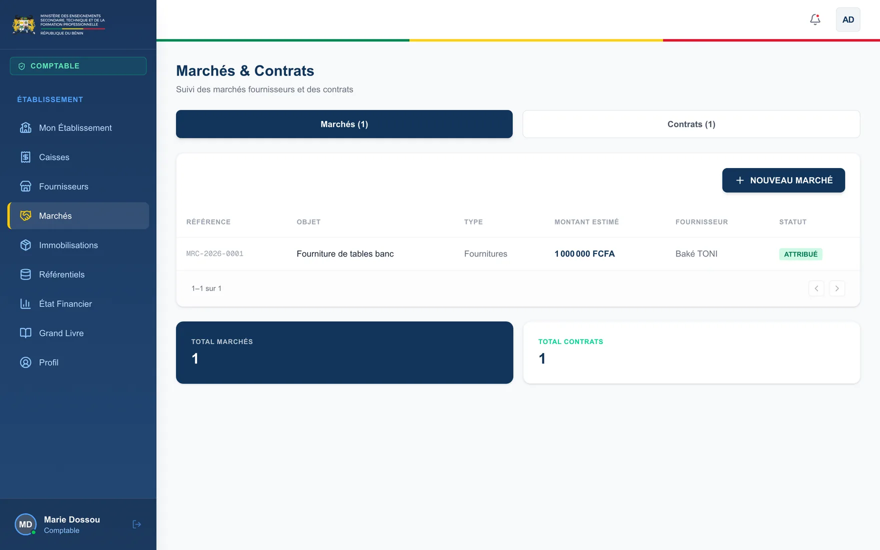 Marchés et contrats : référence, objet, type, montant estimé, fournisseur attributaire et statut.