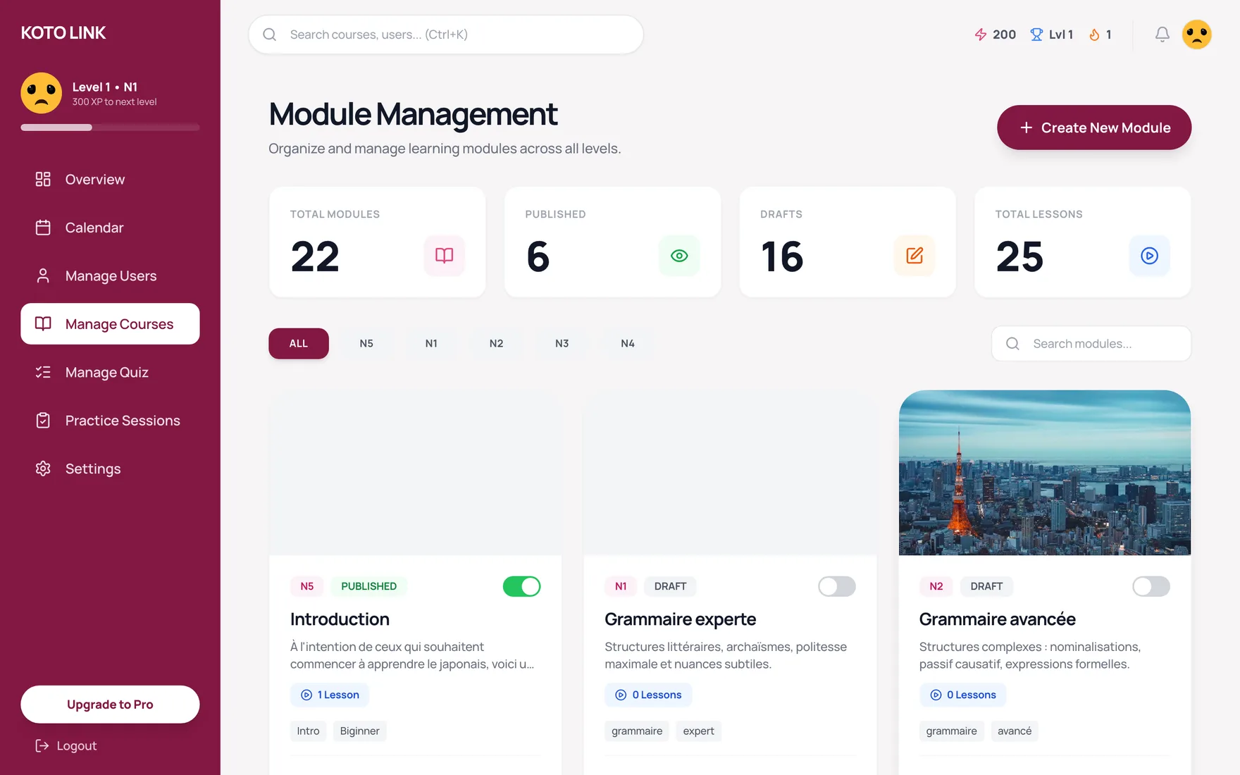 Le gestionnaire de modules — la structure pédagogique éditée sans intervention technique.
