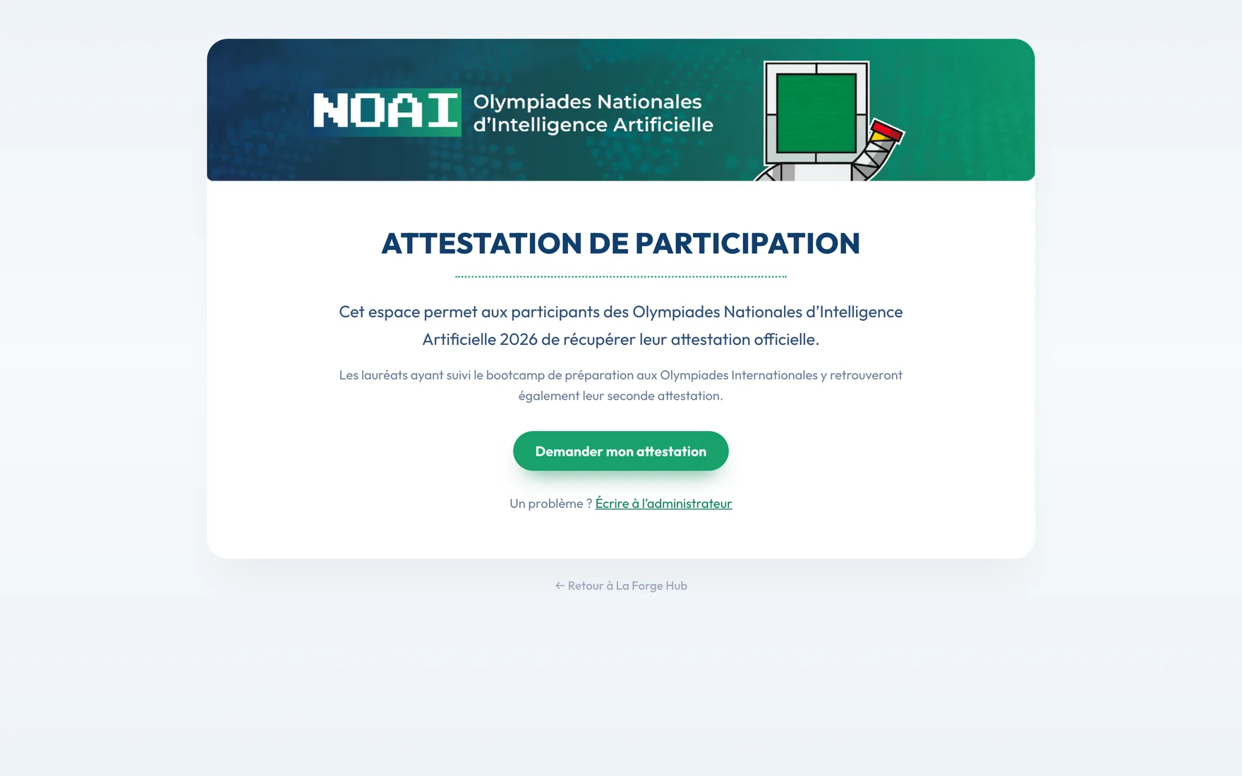 L'espace public de retrait des attestations des Olympiades Nationales d'IA 2026.