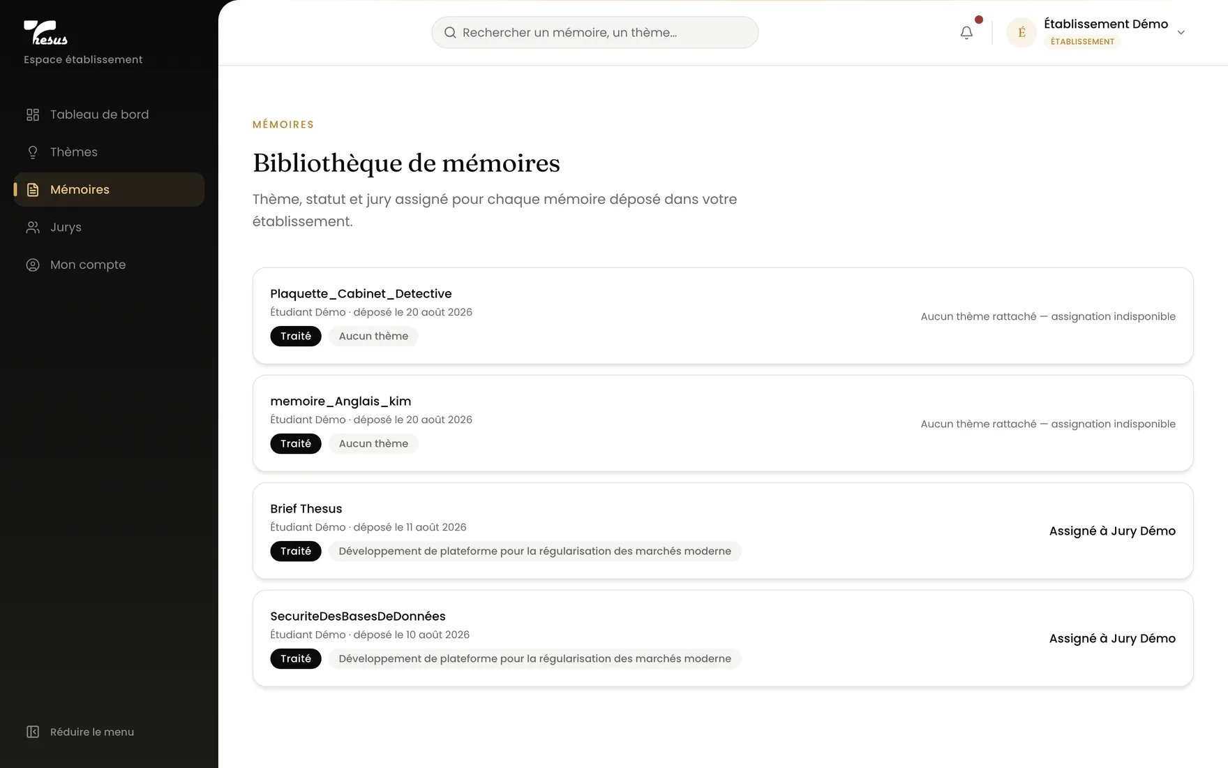 La bibliothèque des mémoires de l'établissement, avec l'état d'assignation des jurys.
