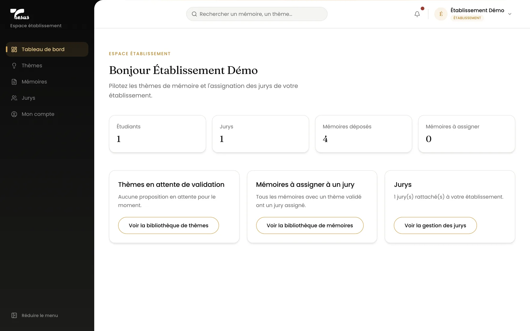 L'espace établissement : étudiants, jurys, mémoires déposés et mémoires restant à assigner.