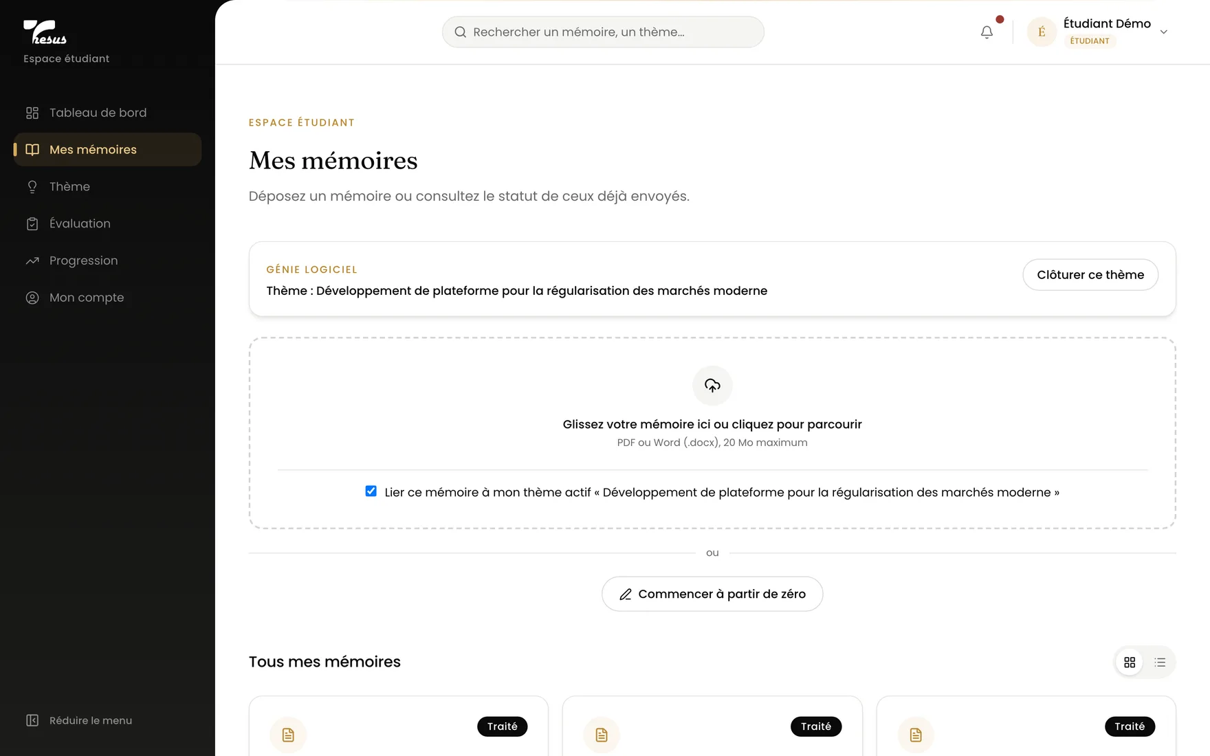 La bibliothèque personnelle des mémoires déposés, avec leur état de traitement.