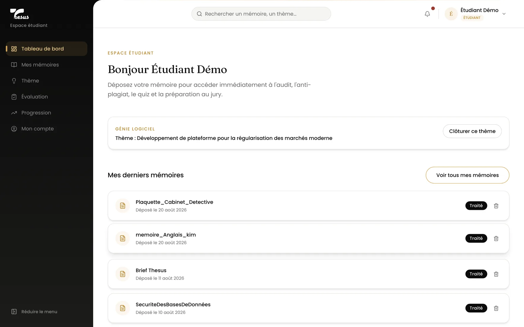 L'espace étudiant : thème en cours, mémoires déposés et traités, et les quatre analyses qui se déverrouillent.
