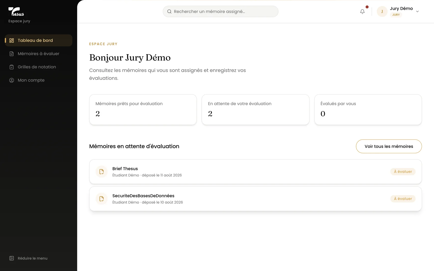 L'espace jury : mémoires prêts pour évaluation, en attente, et déjà évalués.